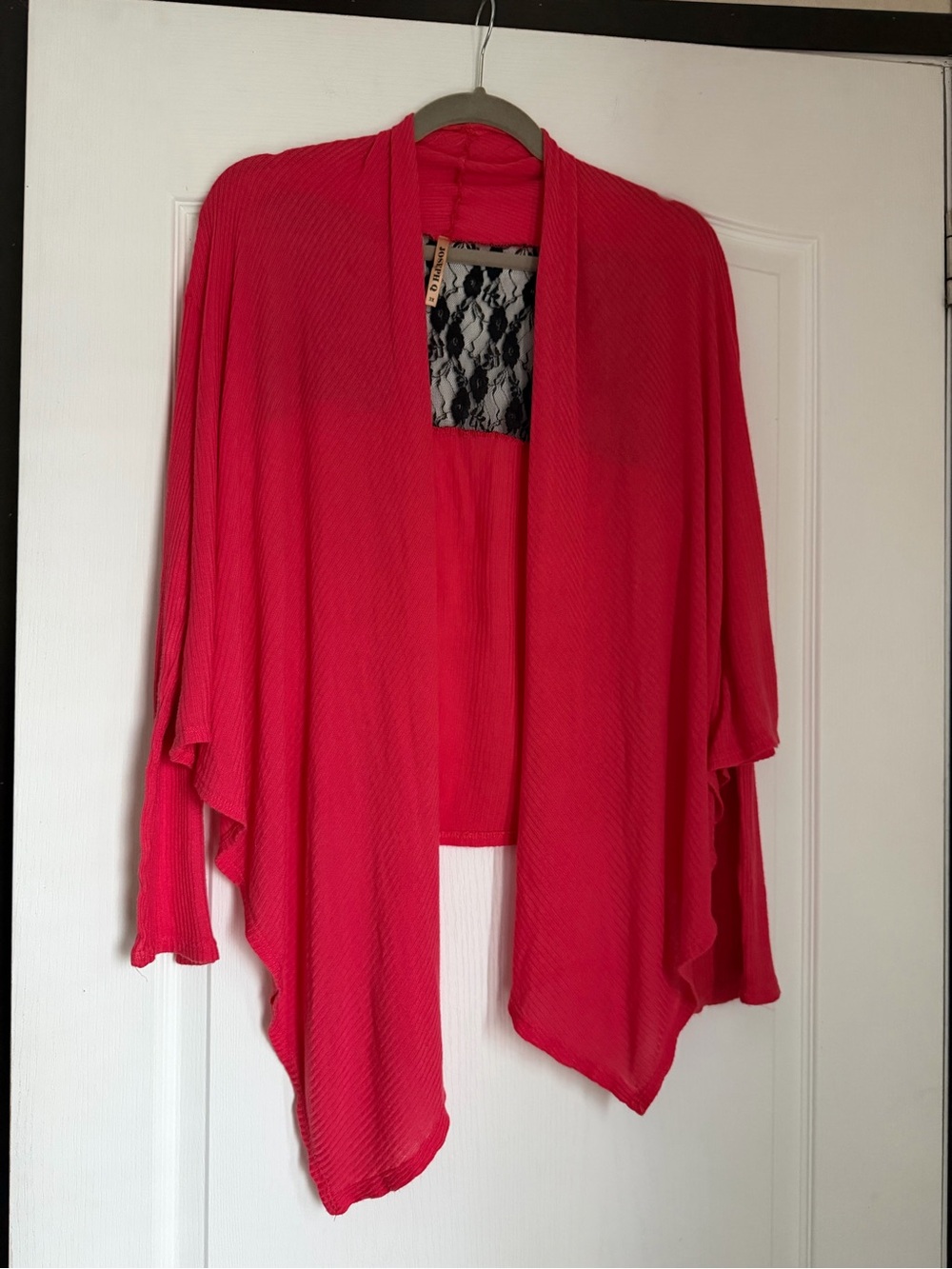 Bright Pink Open Front Draped Sweater With Black Lace Women’s Size 3X